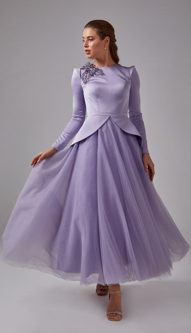 Neckline Detailed Tulle Skirt Hijab Evening Dress