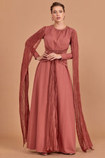 Load image into Gallery viewer, Hijab Evening Dress with Cape Sleeve Detail and Waist Detail
