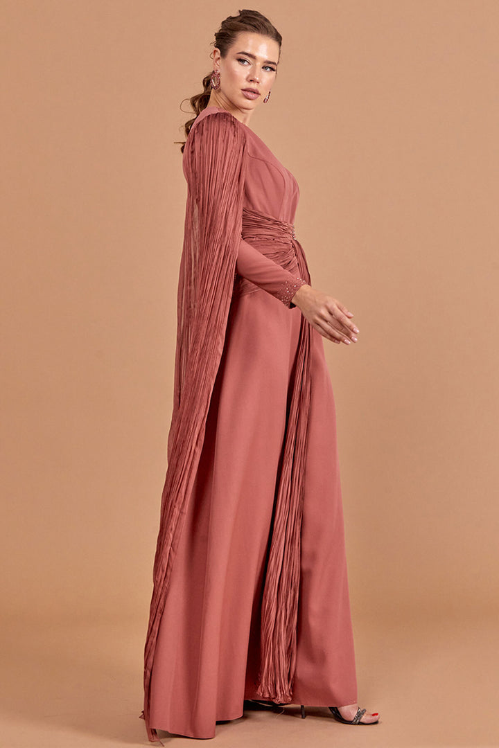 Hijab Evening Dress with Cape Sleeve Detail and Waist Detail