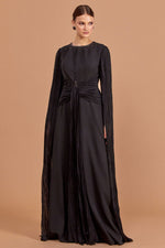 Load image into Gallery viewer, Hijab Evening Dress with Cape Sleeve Detail and Waist Detail
