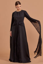 Load image into Gallery viewer, Hijab Evening Dress with Cape Sleeve Detail and Waist Detail
