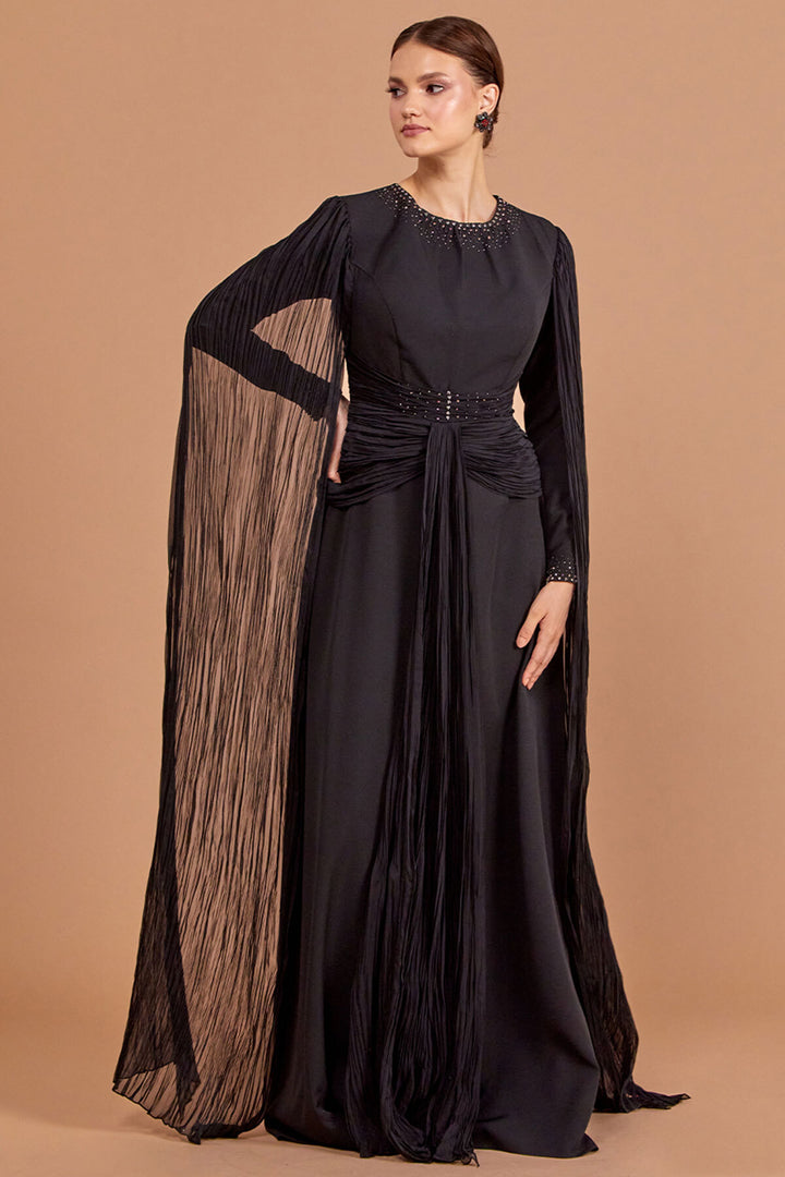 Hijab Evening Dress with Cape Sleeve Detail and Waist Detail