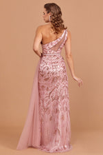 Load image into Gallery viewer, Evening Dress with Cape Detail at the Waist and Embroidered Chest Detail
