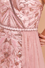 Load image into Gallery viewer, Evening Dress with Cape Detail at the Waist and Embroidered Chest Detail
