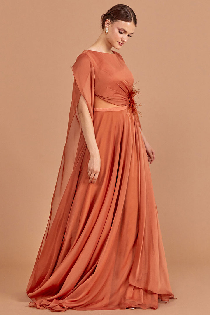 Waist Detailed Chiffon Fabric Evening Dress