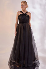 Load image into Gallery viewer, Double Fabric Evening Dress with Zigzag Shoulder Detail
