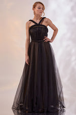 Load image into Gallery viewer, Double Fabric Evening Dress with Zigzag Shoulder Detail
