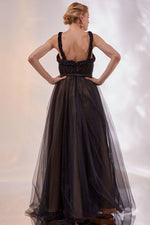 Load image into Gallery viewer, Double Fabric Evening Dress with Zigzag Shoulder Detail
