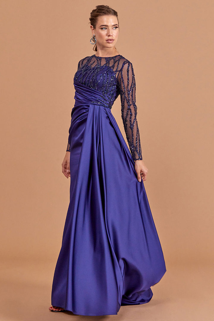 Beaded Embroidered Waist Detailed Hijab Evening Dress