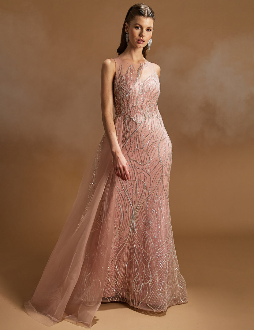 Special Evening Dress with Cape Detail at the Waist and Allover Embroidery