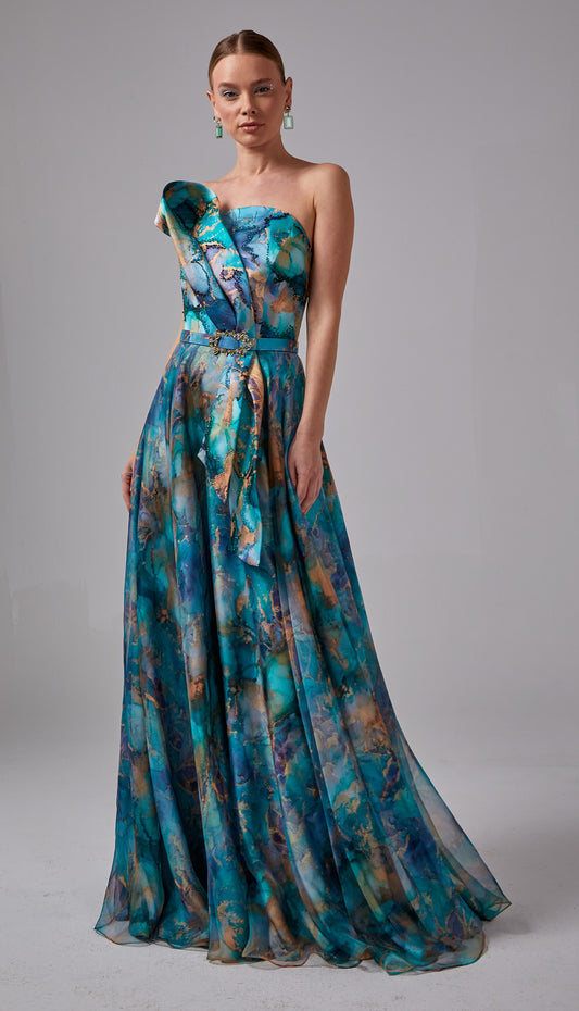 Straplez Desen Kumaşlı Abiye