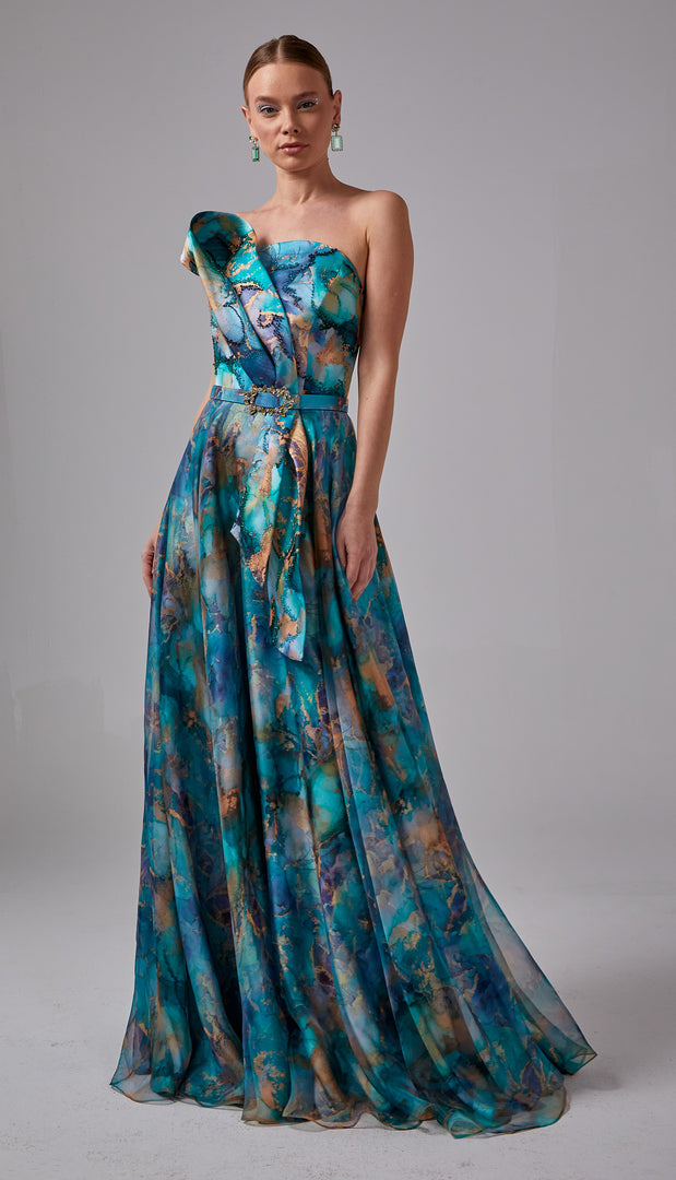 Strapless Patterned Fabric Evening Dress