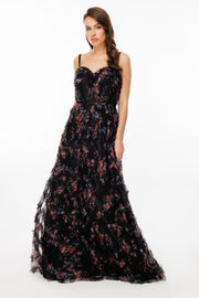 Partial Ruffle Tulle Fabric Strap Evening Dress