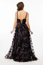 Partial Ruffle Tulle Fabric Strap Evening Dress