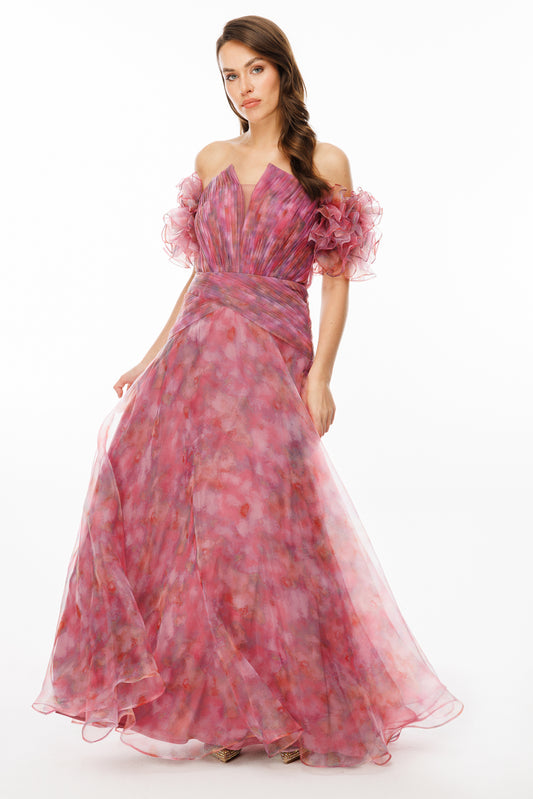 Patterned Dream Tulle Fabric V-Neck Strapless Evening Dress