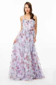 Partial Ruffle Tulle Fabric Strap Evening Dress