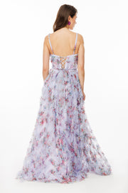 Partial Ruffle Tulle Fabric Strap Evening Dress