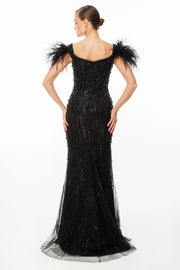 Feather Detailed and Stone Embroidered Slit Evening Dress