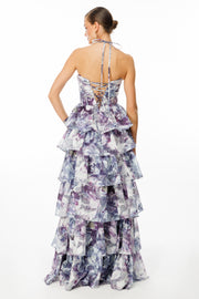 Strapless Evening Dress with Layered Flounce and Floral Pattern