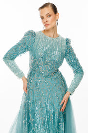 Çift Desen Taş İşlemeli Degrade Desen Kumaşlı Pelerin Etekli Abiye Elbise