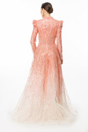 Taş İşlemeli Degrade Desen Kumaşlı Şahane Abiye Elbise