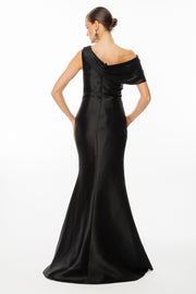 One Shoulder Draped Pearl Detailed Slit Black Satin Evening Dress
