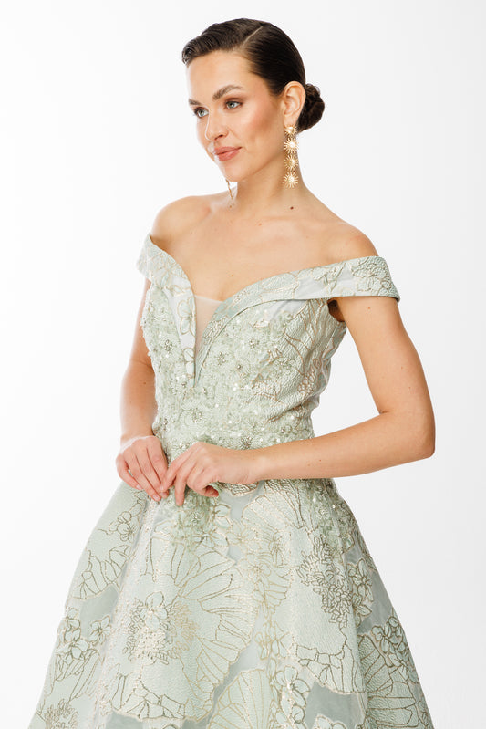 Çiçek Desenli Omuz Açık A Kesim Abiye Elbise