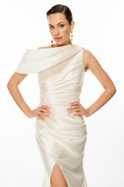 One Shoulder Draped Pearl Detailed Slit Black Satin Evening Dress