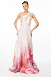 Desenli Kumaşlı Tek Omuz Detaylı Abiye Elbise