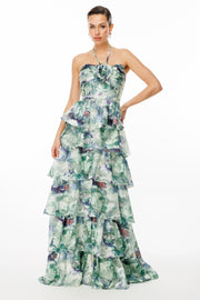 Strapless Evening Dress with Layered Flounce and Floral Pattern