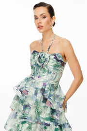 Strapless Evening Dress with Layered Flounce and Floral Pattern