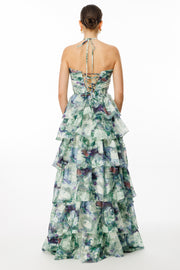 Strapless Evening Dress with Layered Flounce and Floral Pattern