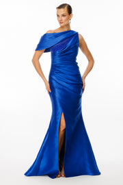 One Shoulder Draped Pearl Detailed Slit Black Satin Evening Dress