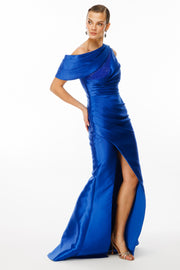 One Shoulder Draped Pearl Detailed Slit Black Satin Evening Dress