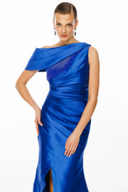 One Shoulder Draped Pearl Detailed Slit Black Satin Evening Dress