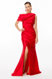 One Shoulder Draped Pearl Detailed Slit Black Satin Evening Dress