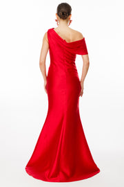 One Shoulder Draped Pearl Detailed Slit Black Satin Evening Dress