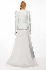 Büstü Desenli Jakar Kumaş ve Saten Etekli Tesettür Abiye Elbise