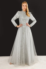 Işıltılı İşlemeli Hakim Yaka Uzun Kollu Tesettür Abiye Elbise