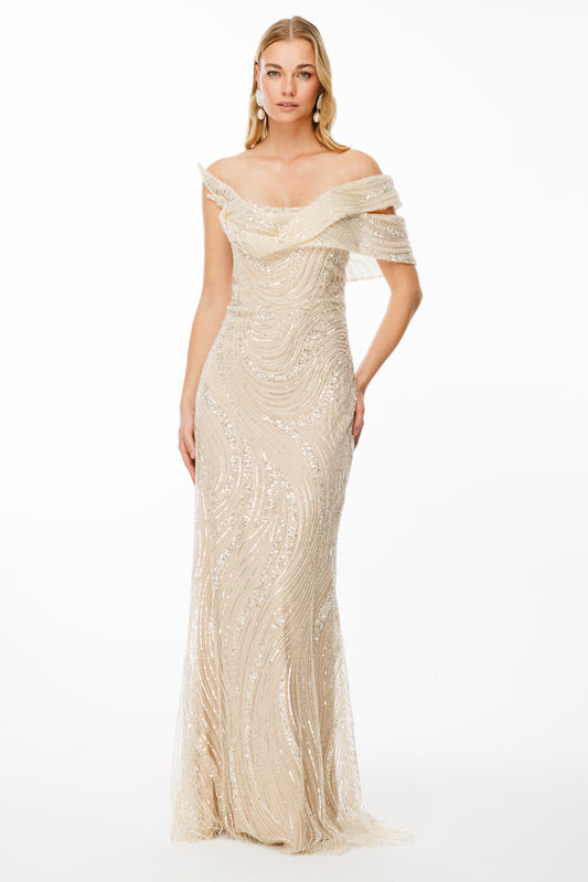 Sparkly Spiral Pattern and Draped Shoulder Detail Evening Dress