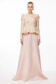 Büstü Desenli Jakar Kumaş ve Saten Etekli Tesettür Abiye Elbise