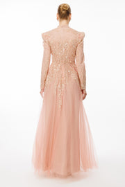 Tül Kumaşı İşlemeli Hakim Yaka Tesettür Abiye