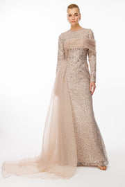 TAŞ İŞLEMELİ ZARİF GÖĞÜS DETAYLI VE PELERİNLİ ABİYE