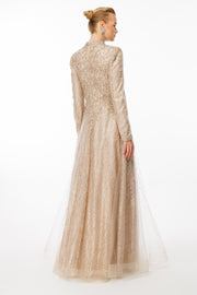 Işıltılı İşlemeli Hakim Yaka Uzun Kollu Tesettür Abiye Elbise