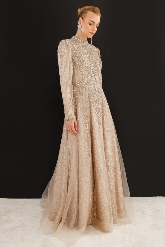 Sparkly Embroidered Grandad Collar Long Sleeve Hijab Evening Dress