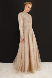 Işıltılı İşlemeli Hakim Yaka Uzun Kollu Tesettür Abiye Elbise