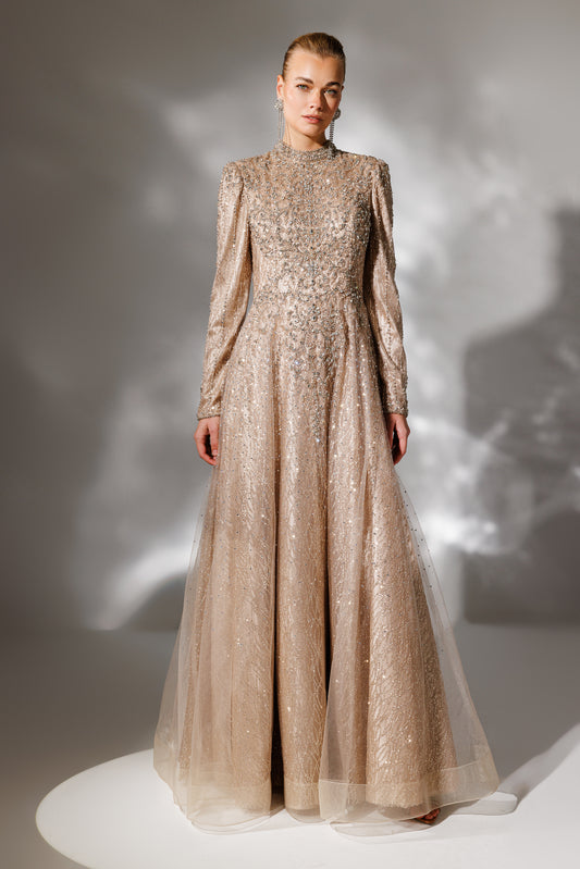 Sparkly Embroidered Grandad Collar Long Sleeve Hijab Evening Dress