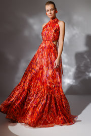 Patterned High Collar Flounce Chiffon Evening Dress