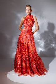 Patterned High Collar Flounce Chiffon Evening Dress