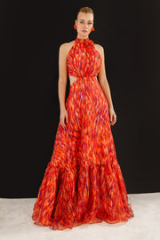 فستان سهرة شيفون منقوش بياقة عالية ومنفوش